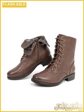 Faux Leather Mid Calf Combat Boots Lace-Up Low Heel Zip Water Resistant
